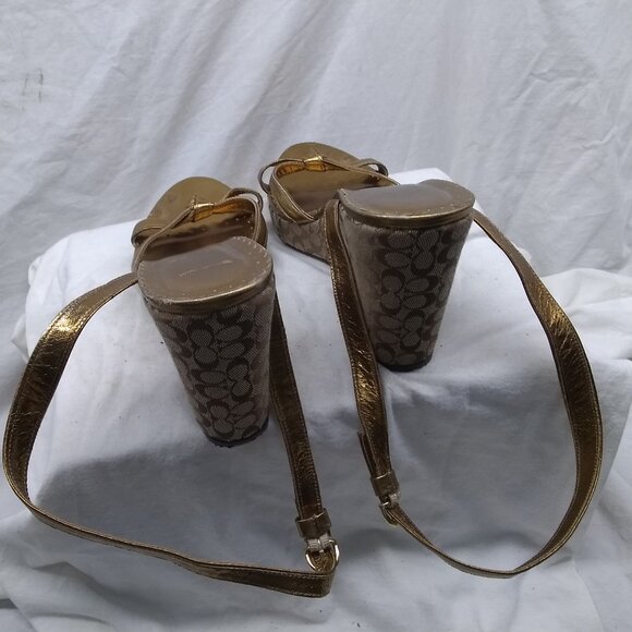 Coach Women's Wedge Platform Sandals Signature Logo Brown Gold Size 11 B Good - Picture 5 of 10